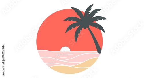 Minimalist Sunset Scene with Palm Tree and Ocean View Illustration for Relaxation and Travel