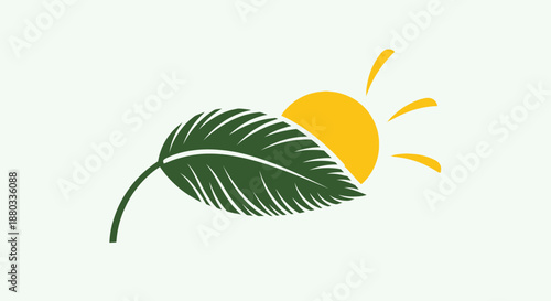 Minimalist Illustration of a Sun Rising Behind a Leaf on Light Green Background