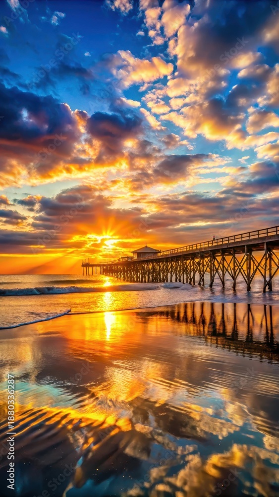 Fototapeta premium Dramatic sunrise over ocean with fishing pier at Myrtle Beach