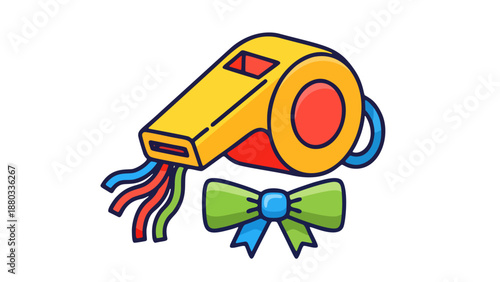 Cheerful graphic illustration of a vibrant yellow party whistle with colorful streamers and a festive green bow tie, symbolizing joyful celebrations, fun events, and playful party accessories