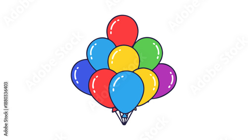 Colorful balloons floating in the air, tied together, viewed from below, celebrating a festive occasion with vibrant hues and joyful atmosphere