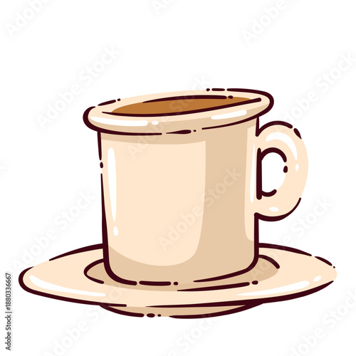 Classic diner coffee cup on saucer, American roadside cafe symbol, hot coffee drink, travel and road trip element, retro food culture detail, cartoon vector illustration