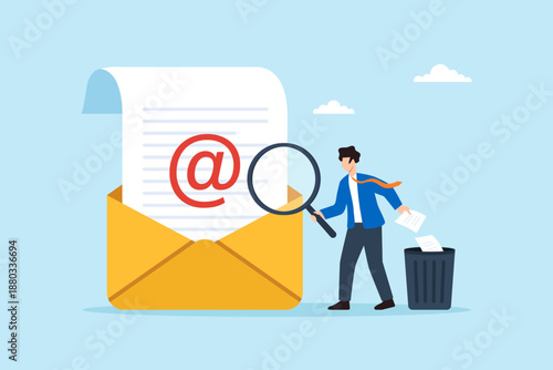 Flat illustration of businessman inspecting email with magnifying glass and deleting documents into trash bin representing inbox cleanup spam removal information filtering