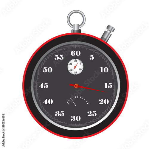 Realistic classic stopwatch icon. Shiny metal chronometer, time counter with dial. Countdown timer showing minutes and seconds. Time measurement for sport, start and finish