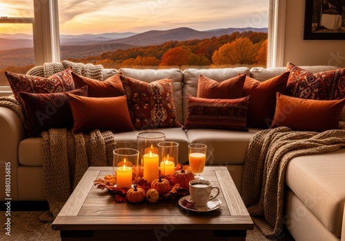 Cozy living room scene with a couch adorned with fallthemed pillows and blankets, a coffee table with lit candles and pumpkins, overlooking a mountain view