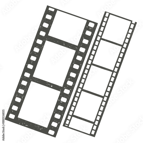 
Grunge vintage film strip frame set. Retro movie reel borders with distressed textures and empty photo tape slots.