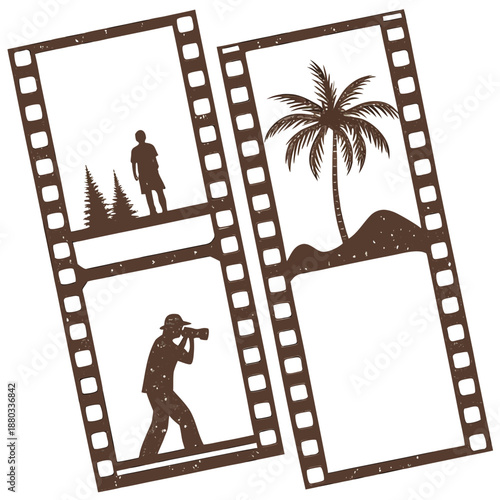 
Grunge vintage film strip frame set. Retro movie reel borders with distressed textures and empty photo tape slots.