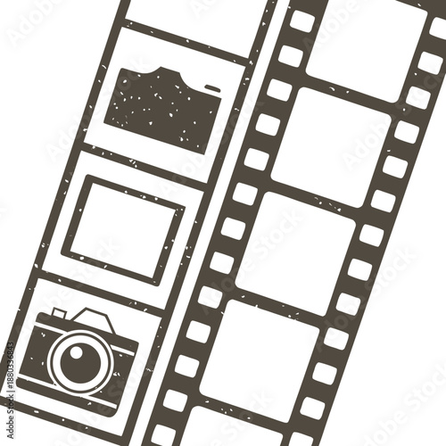 
Grunge vintage film strip frame set. Retro movie reel borders with distressed textures and empty photo tape slots.