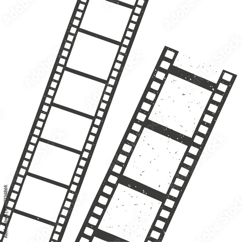 
Grunge vintage film strip frame set. Retro movie reel borders with distressed textures and empty photo tape slots.