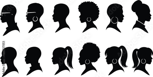 Diverse silhouettes of Black women with various hairstyles including afros ponytails and buzz cuts wearing glasses and hoop earring jewelry