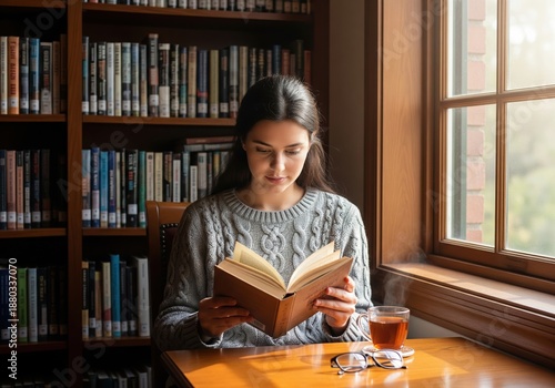 Wallpaper Mural Focused young woman reading a captivating book in a tranquil library setting Torontodigital.ca