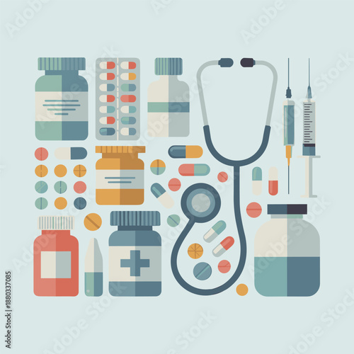 Healthcare medical equipment and medicine illustration pharmacy supplies pills bottles syringe stethoscope treatment concept flat vector design