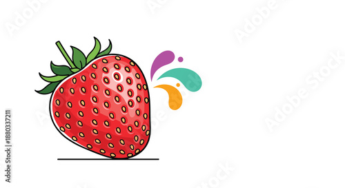 Juicy red strawberry with green leaves and vibrant colorful splashes of juice for fruit, dessert, and fresh flavor related design work.