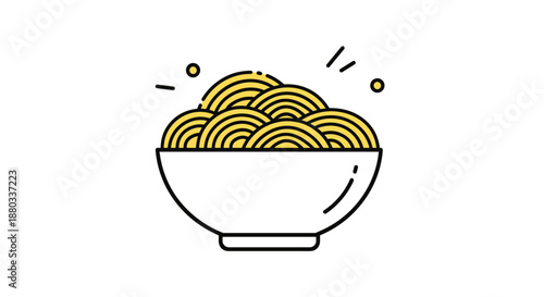 Bowl of steaming yellow noodles or pasta with decorative accent dots and lines representing heat and flavor for culinary branding.