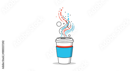 Disposable paper coffee cup with a blue sleeve and artistic colorful steam rising from the lid for cafe and morning ritual marketing.