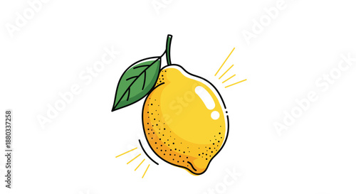 Bright yellow lemon with green leaf and artistic accents on white background is a perfect illustration for healthy fruit and vitamin concepts.