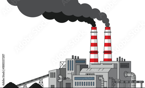 Industrial coal power plant factory with smoking chimneys and conveyor belt vector illustration isolated on white background for pollution concept.