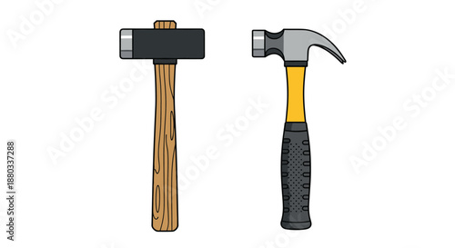 Pair of essential construction tools featuring a heavy sledgehammer and a standard claw hammer for various building and renovation projects.