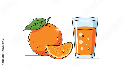 Nutritious setup including a whole orange, a juicy wedge, and a full glass of pulp-free orange juice for promoting healthy lifestyle choices.