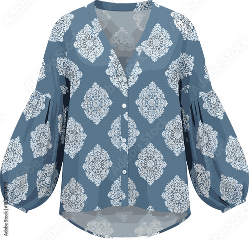 Elegant Blue Bohemian Floral Medallion Print Blouse Vector Illustration Featuring Stylish Bishop Sleeves V-Neckline and White Decorative Damask Pattern Design