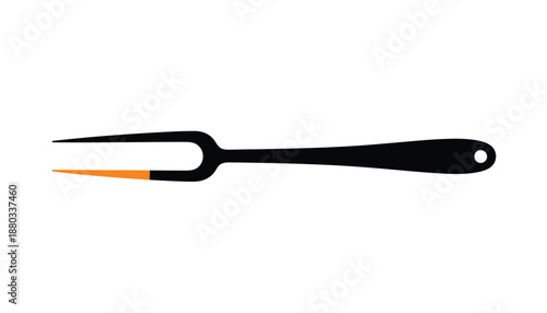 Black barbecue fork with orange tines in minimalist design on white background for outdoor cooking