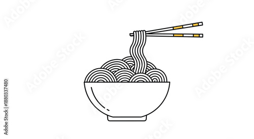 Deep bowl filled with swirling noodles and a pair of wooden chopsticks lifting a serving for representing Asian cuisine and street food.