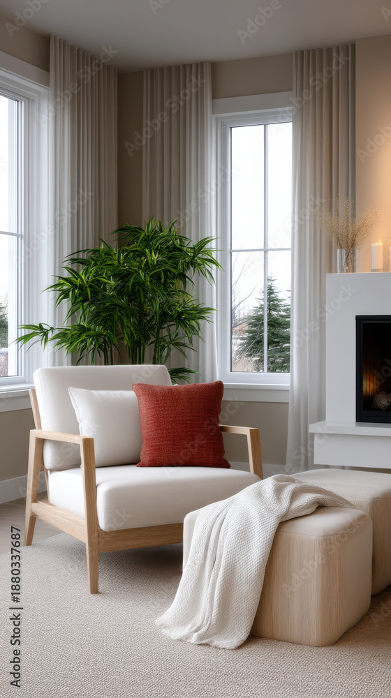 Fototapeta premium Cozy living room with armchair red cushion soft blanket ottoman fireplace large window indoor plant and neutral decor style