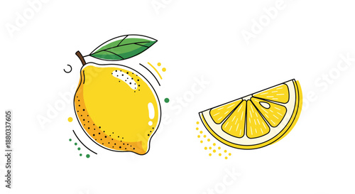 Bright yellow lemon fruit with a green leaf and a juicy wedge showing internal segments and seeds on a white background for nutrition.