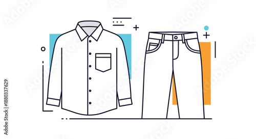 Clean line illustration of a button-down long-sleeved shirt paired with casual trousers for men's fashion and clothing catalog designs.