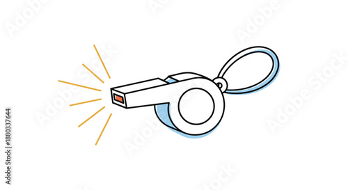 Classic white sports whistle on a silver ring emitting sound waves or motion lines for coaching and referee related graphics on white.