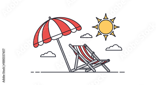 Relaxing summer beach scene featuring a striped red and white umbrella and a matching deck chair under a bright sun with clouds.