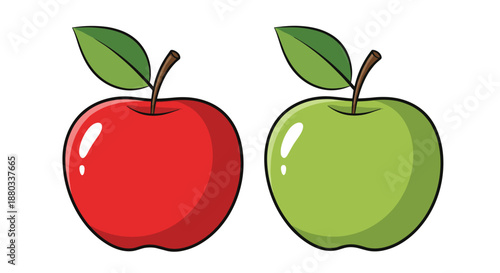 Pair of fresh apples in red and green colors with small brown stems and single green leaves arranged together on a white background.