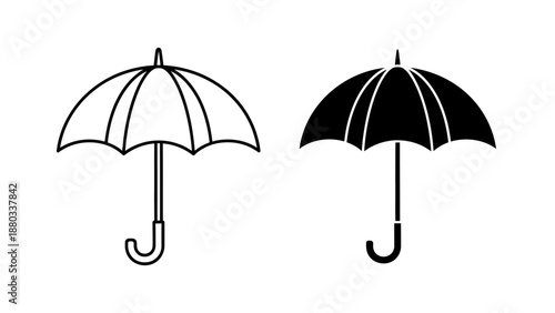 Line Art and Silhouette Icons of an Open Umbrella for Protection Against Rain or Sun