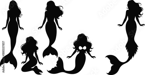 Mermaid silhouette set of elegant sea sirens in different poses isolated on white background fantasy ocean illustration vector collection