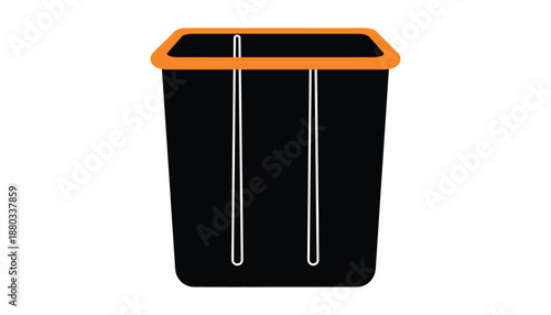 Black trash can with orange lid and silver handles in simple flat design for waste management icon