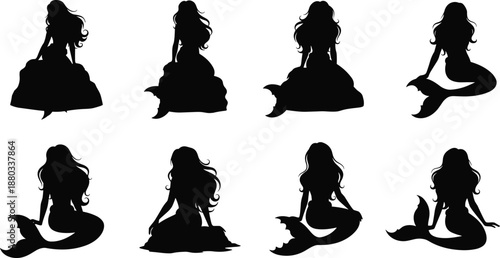 Mermaid silhouette set of sitting sea sirens isolated on white background fantasy ocean mythology illustration vector design collection