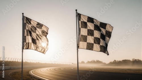 Checkered flags waving over a racetrack at sunrise