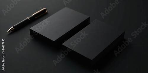 Elegant black background, double-sided business card mockup with pen , double sided, professional