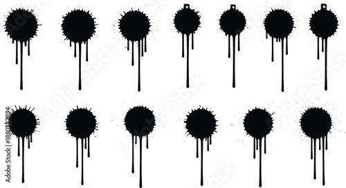 Black ink splatters set with dripping paint stains, isolated on transparent background, grunge effects.