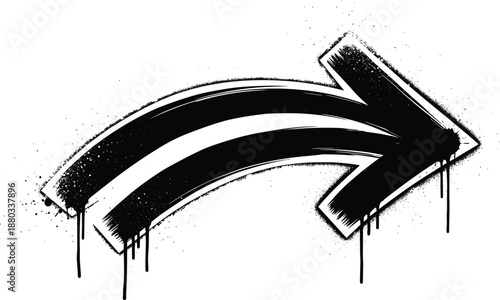 Black spray paint arrow graffiti design element with drips and splatters on transparent background.