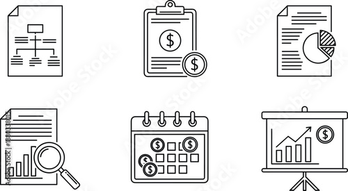 Vector icons set for financial management, business accounting, and planning with charts.