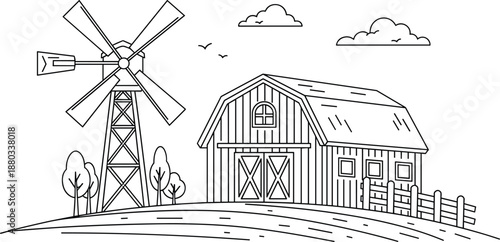 Line art illustration of a classic country barn with a tall windmill on a rolling landscape.