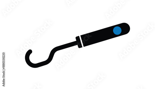 Black hook tool with blue button in simple flat design on white background for graphic design