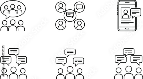 Set of business communication icons showing people talking and group chat on mobile