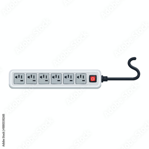 Illustration of a power strip with six outlets and a red switch