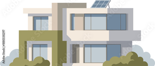 Modern eco friendly house exterior, contemporary residential building with solar panels, sustainable architecture design, real estate illustration concept