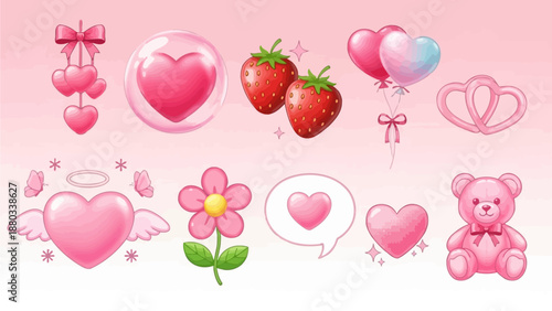 Whimsical Pink Love Celebration Collection Adorable Hearts, Sweet Berries, and Charming Companions for Affectionate Designs