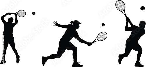 Black Tennis Player Silhouette Set Featuring Male and Female Athletes Hitting Ball with Racket in Action Poses Isolated on White Background for Sports Design