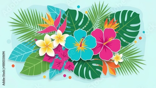 Tropical Floral Composition with Hibiscus, Plumeria and Palm Leaves on Light Background