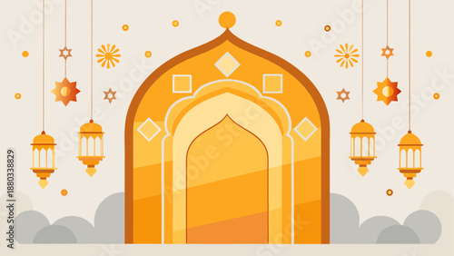 Illuminated mosque entrance with hanging lanterns and stars
